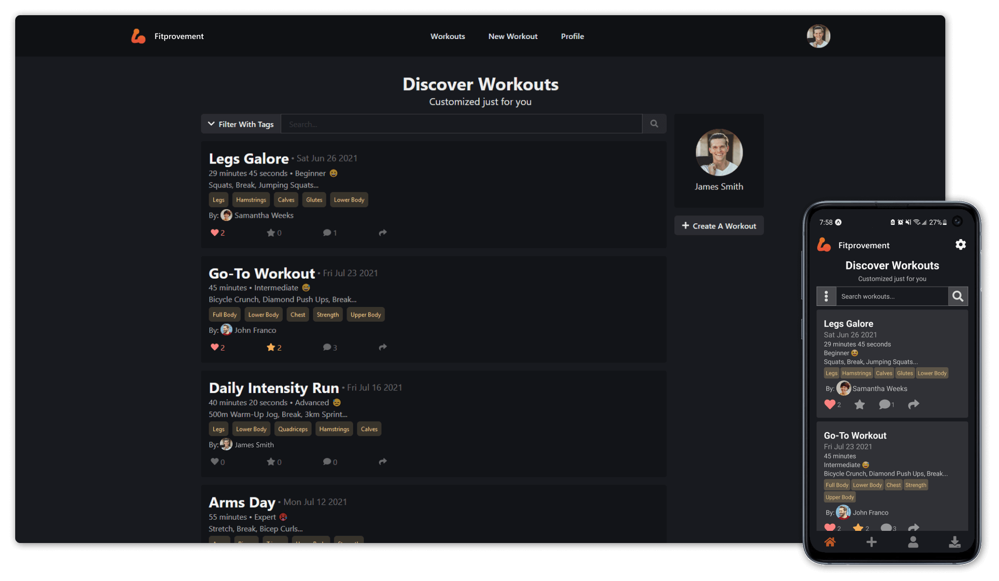 Fitprovement website and mobile app user interface